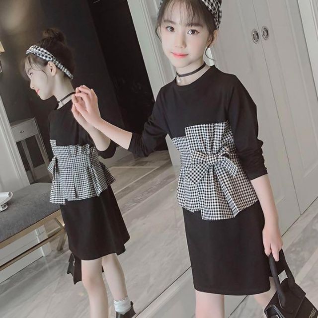 46★ キッズ リボンワンピース 120cm 黒 チェック 長袖 秋冬 韓国 キッズ/ベビー/マタニティのキッズ服女の子用(90cm~)(ワンピース)の商品写真