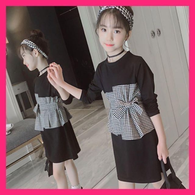 46★ キッズ リボンワンピース 120cm 黒 チェック 長袖 秋冬 韓国 キッズ/ベビー/マタニティのキッズ服女の子用(90cm~)(ワンピース)の商品写真