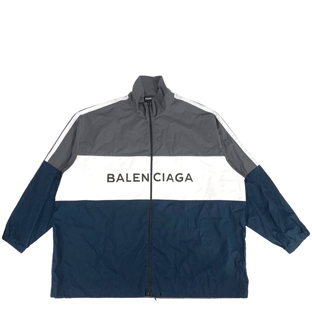 BALENCIAGA バレンシアガ ジャケット ジップアップ ロゴプリント オーバーサイズ トラックジャケット アウター ブルゾン 服 アパレル 38 グレー ネイビー 紺 コットン    メンズ ギフト【品】