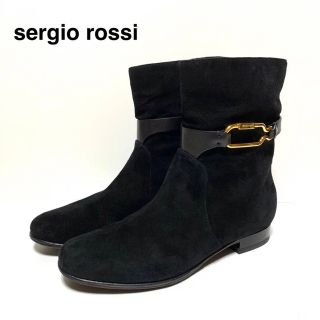 セルジオロッシ(Sergio Rossi)の☆美品 セルジオロッシ 金具 ベルト スエード ショートブーツ 黒 イタリア製(ブーツ)