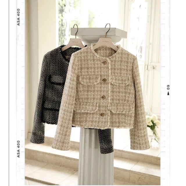 herlipto Wool-Blend Fancy Tweed Jacket - ノーカラージャケット