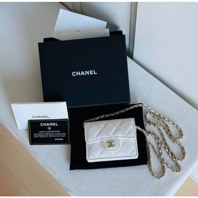 CHANEL - シャネル カード コイン ケース チェーンバッグ ホワイト キャビア新品