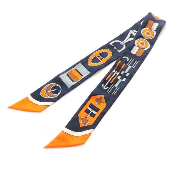 Hermes(エルメス)のエルメス ツイリー スカーフ カレ アン ブックル シルク 黒 オレンジ レディースのファッション小物(バンダナ/スカーフ)の商品写真