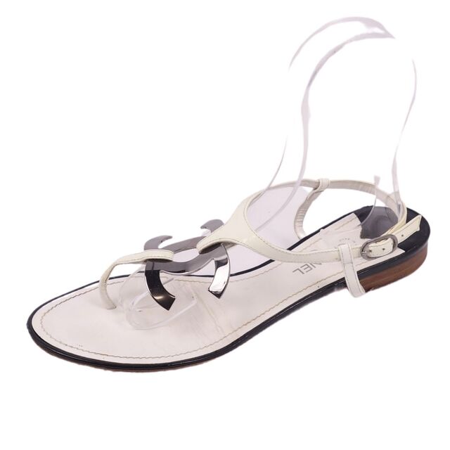 シャネル CHANEL サンダル ココマーク メタル パテントレザー ストラップ シューズ レディース 靴 40 ホワイト/ブラック約1cm幅