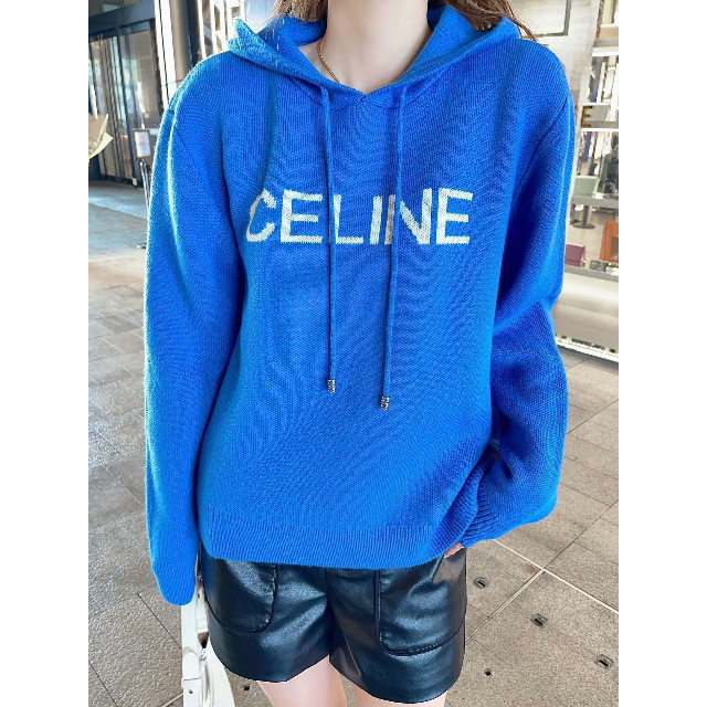 celine - CELINE ルーズフーディ コットンフリース ブルー ホワイト