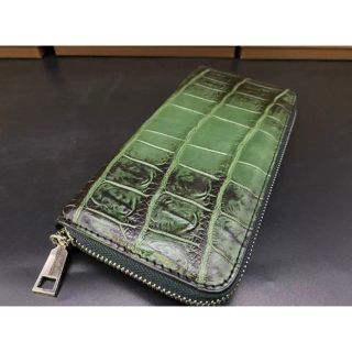 大コブ【グリーン】クロコダイル ワニ革 頭部革 長財布 ラウンド