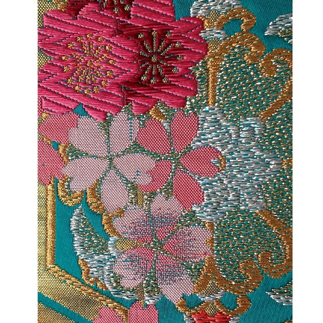 豪華　エメラルドグリーン　格天桜紋　刺繍　ファブリックパネル　タペストリー ハンドメイドのインテリア/家具(ファブリック)の商品写真