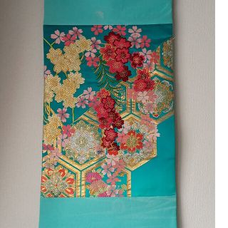 豪華　エメラルドグリーン　格天桜紋　刺繍　ファブリックパネル　タペストリー(ファブリック)