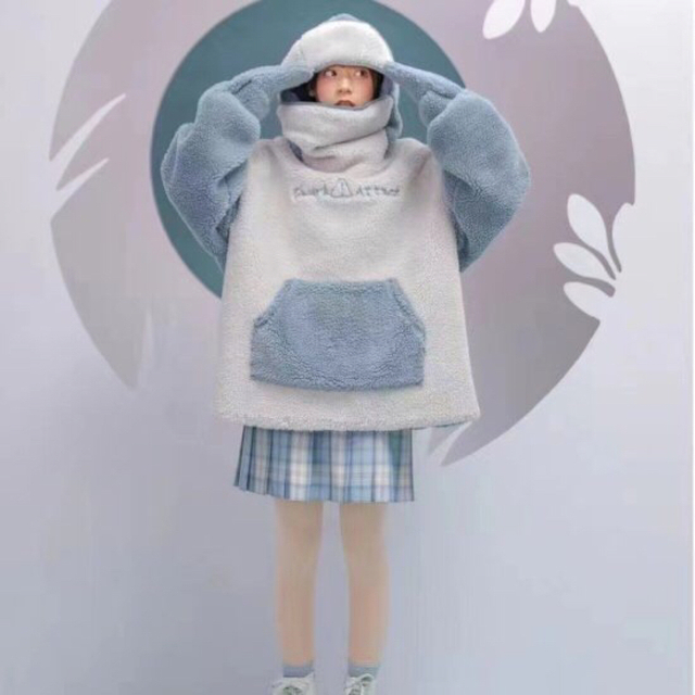 黒 桜古典 韓国 レディース もこもこ サメ パーカー 青 ブルー - 通販