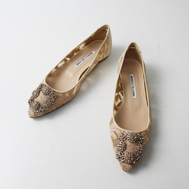 MANOLO BLAHNIK マノロブラニク Hangisi ハンギシフラット ビジューレースパンプス 37/ベージュ【2400013186346】