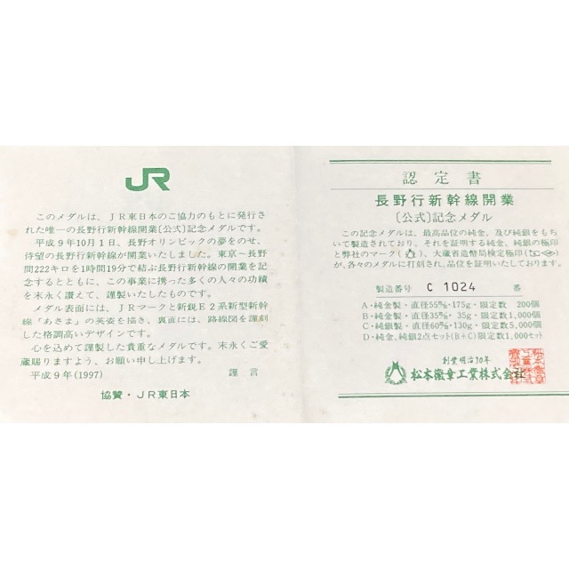 長野新幹線開業公式記念メダル 【2022春夏新色】 sk.adelicenter.eu