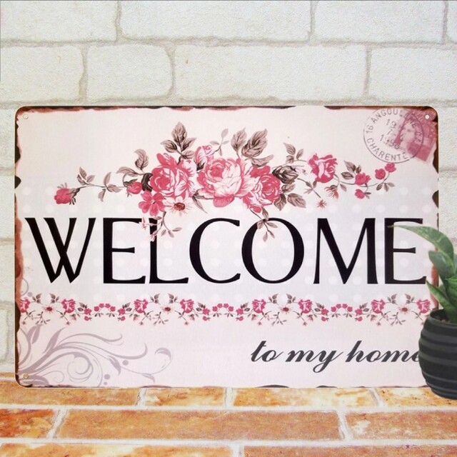 デザイン看板】Welcome薔薇★壁掛けポスター玄関ブリキ看板ウェルカムボード | フリマアプリ ラクマ