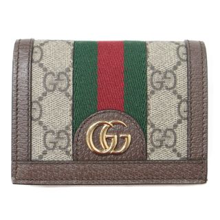 グッチ(Gucci)のGUCCI グッチ ウォレット 財布 ブラウン ベージュ ミニ 二つ折り スナップボタン ファスナー シグネチャー GGパターン ウェブ ストライプ 523155 レザー 定番 おしゃれ シンプル 普段使い 【レディース】【中古】【美品】(財布)