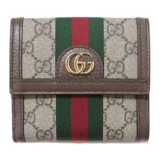 グッチ(Gucci)のGUCCI グッチ ウォレット 財布 ブラウン ベージュ 二つ折り フラップ スナップボタン シグネチャー GGパターン ウェブ ストライプ オフディア 523173 レザー 定番 おしゃれ シンプル 普段使い 【レディース】(財布)