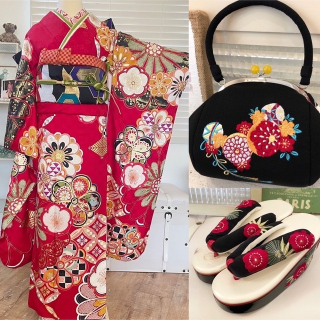 半額】 成人式 フルセット 振袖 赤☆正絹 超美品!古典柄 ガード加工