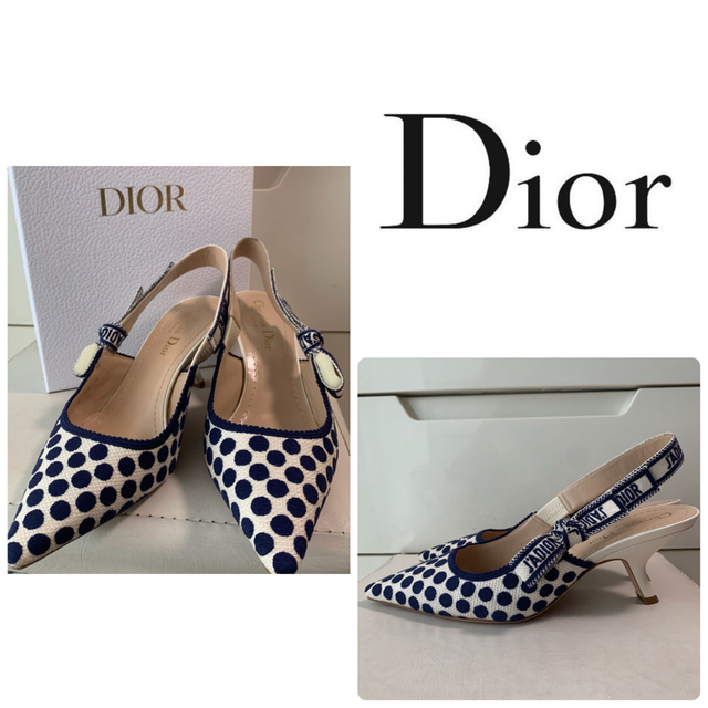 Christian Dior - 美品　ディオール　ネイビードット　ロゴストラップ　パンプス