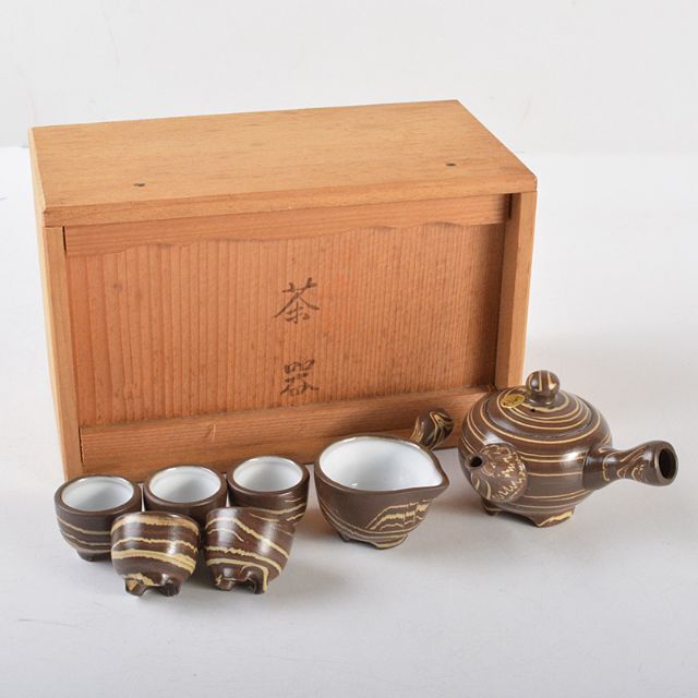 常滑 伸康焼 練込 ミニチュア茶器揃 桐箱 V R5401 常滑 伸康焼 練込 ミニチュア茶器揃 桐箱 V R5401