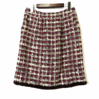 シャネル(CHANEL)のシャネル スカート ツイード シルク ココマーク ファー裾 S-M 34 正規品(ひざ丈スカート)
