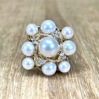 華やか！k18 アコヤ真珠 ダイヤ デザイン リング 7.64g M1185(リング(指輪))