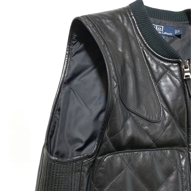 ☆美品 ラルフローレン 中綿 キルティング ジップアップ レザーベスト 黒 本革