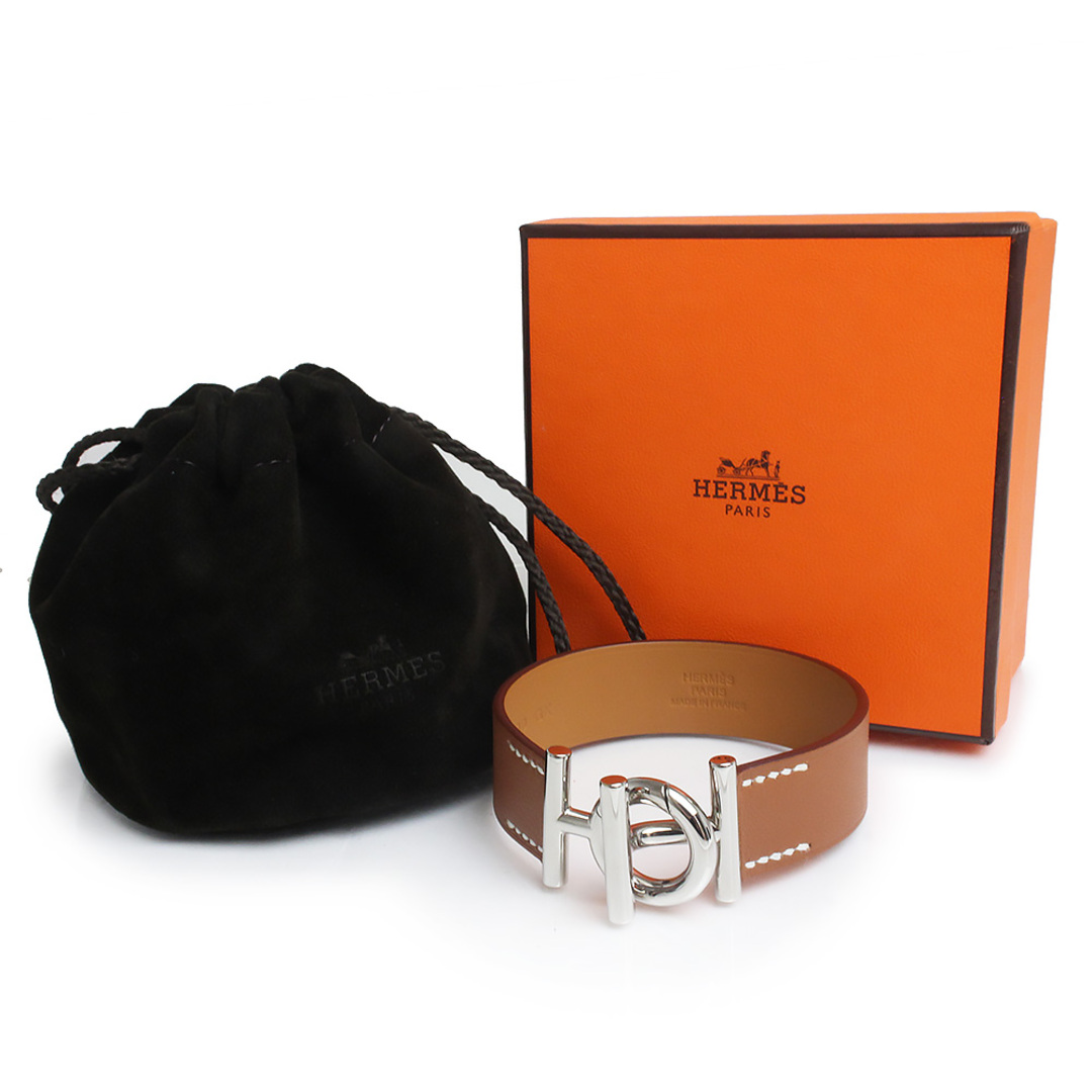 Hermes(エルメス)のエルメス ユリス レザー ブレスレット #T5 ヴォースイフト ゴールド ブラウン 茶 シルバー金具 Z刻印 箱付 HERMES（新品・未使用品） メンズのアクセサリー(ブレスレット)の商品写真