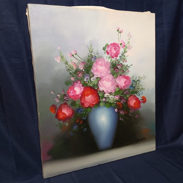 在庫あり 236 絵画 油彩 油絵 静物画 作者不明 花 花瓶 額装 額縁付き