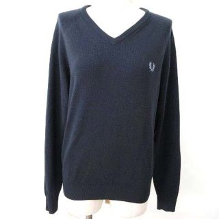 フレッドペリー(FRED PERRY)のフレッドペリー Vネック ニット 長袖 トップス 刺繍 36 M 紺 ネイビー(ニット/セーター)