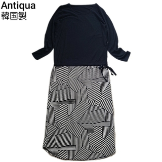 アンティカ(antiqua)のAntiqua/アンティカ 韓国製 ドッキング幾何学柄ロングワンピース ブラック(ロングワンピース/マキシワンピース)