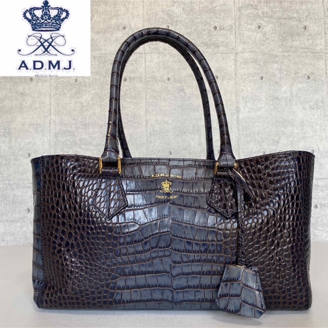 A.D.M.J】クロコ型押し ネイビー ゴールド金具 レザー ハンドバッグ