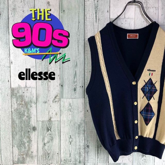 90's ellesse エレッセ　金ボタン　アーガイル　ニットカーディガン