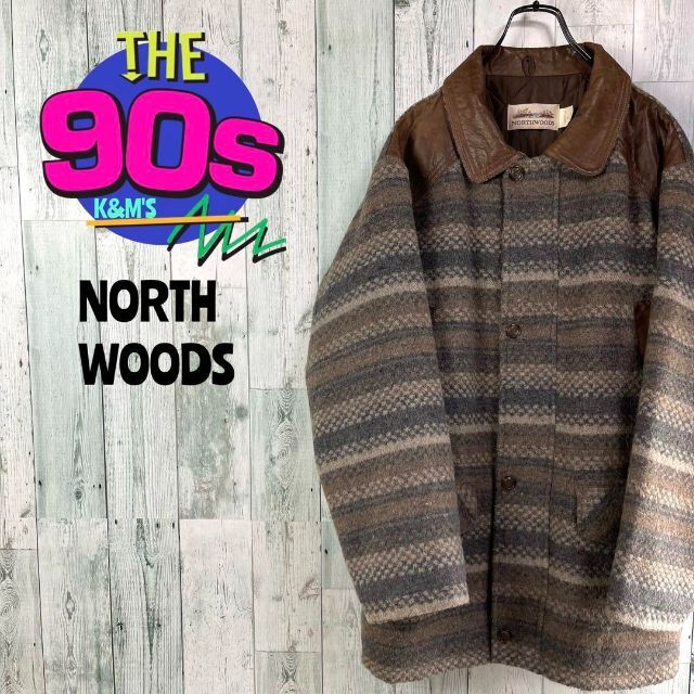 80's NORTH WOODS カナダ製 襟肩レザー ボーダーカバーオール 【安心