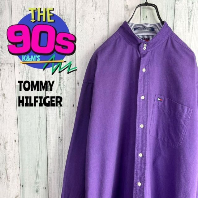 90's トミーヒルフィガー  フラッグロゴ刺繍　ノーカラーシャツ