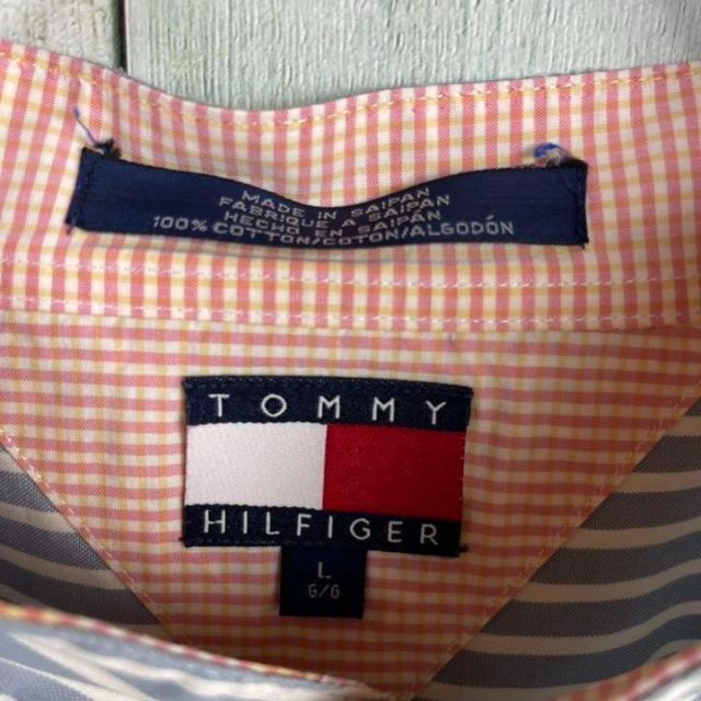 90's トミーヒルフィガー  フラッグロゴ刺繍　ノーカラーストライプシャツ 8