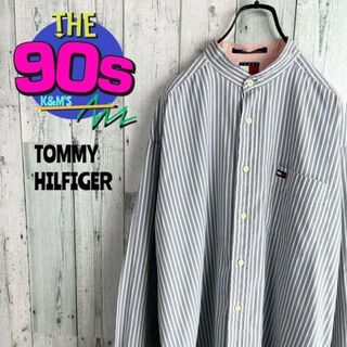 トミーヒルフィガー(TOMMY HILFIGER)の90's トミーヒルフィガー  フラッグロゴ刺繍　ノーカラーストライプシャツ(シャツ)