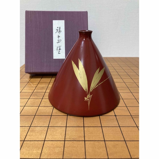 輪島塗 花器朱塗　榎木啓作 蜻蛉 円錐型　天然木漆塗り高10cm直径13cm