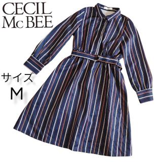 セシルマクビー(CECIL McBEE)のセシルマクビー　マルチストライプ　シャツワンピース　レトロ　紺　M(ひざ丈ワンピース)