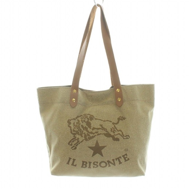 IL BISONTE(イルビゾンテ)のイルビゾンテ トートバッグ キャンバス レザー ロゴプリント 茶 ゴールド レディースのバッグ(トートバッグ)の商品写真