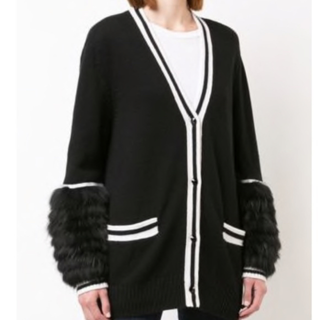 美品 alice+olivia フォックスファー×ストライプライン カーディガン-