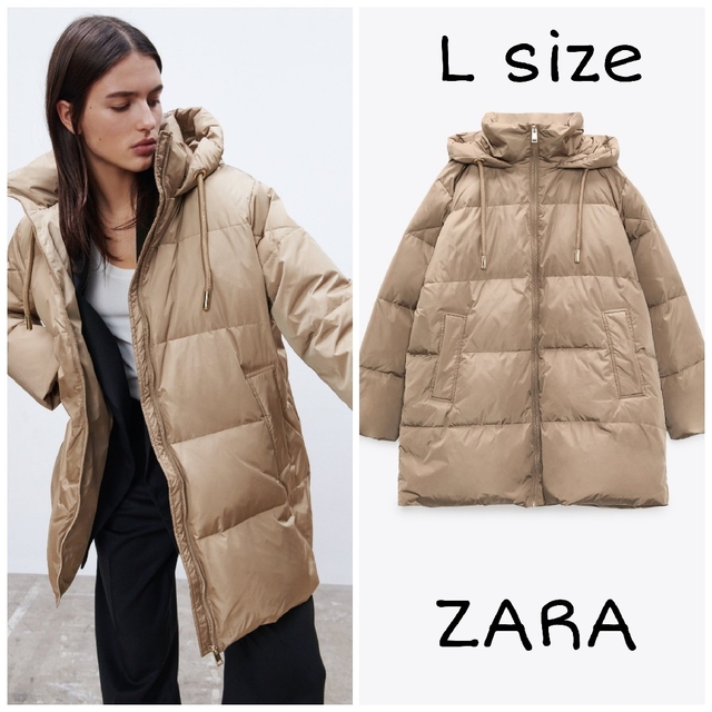 ZARA - ZARA フーデッド パフジャケット Lサイズ ベージュ系の通販 by ZARA - ZARA フーデッド パフジャケット Lサイズ ベージュ系の通販 by