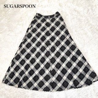 シュガースプーン(Sugar spoon)のシュガースプーン　ロングスカート　チェック　フリンジ　黒　白　フレア(ロングスカート)