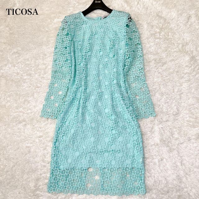 TICOSA  総レース　ワンピース　長袖　エメラルドグリーン　ひざ丈　刺繍