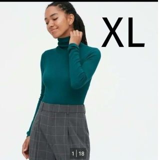 ユニクロ(UNIQLO)のユニクロ　ヒートテックシームレスリブタートルネックT　グリーン　XL(カットソー(長袖/七分))