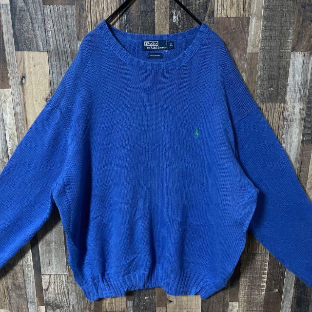 古着 ポロラルフローレン 90s ニットセーター ゆるだぼ XL ブルー-