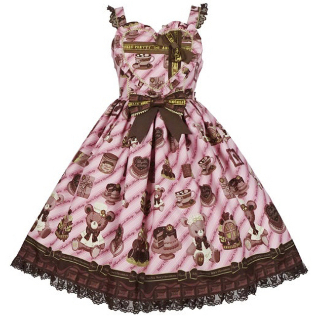 Angelic Pretty(アンジェリックプリティー)のBear’s Chocolaterieジャンパースカート ピンク レディースのワンピース(ひざ丈ワンピース)の商品写真