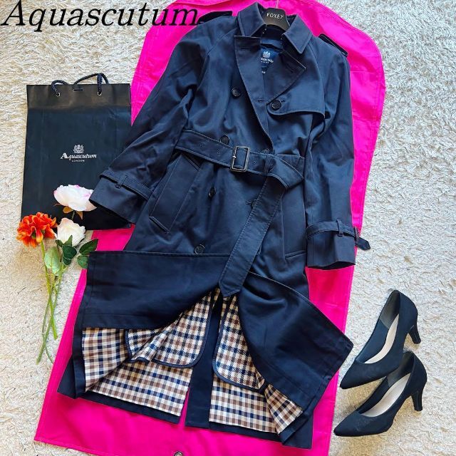 良品】Aquascutum ロングトレンチコート ネイビー ライナー 38 M 最新