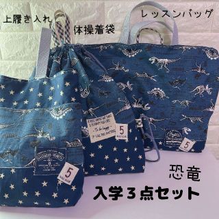 SET）入学セット3点　恐竜標本　紺　星　男の子　レッスンバッグ　上履き　体育着(外出用品)