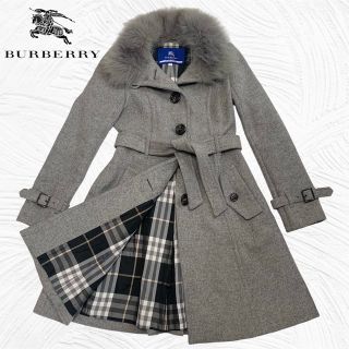 バーバリーブルーレーベル(BURBERRY BLUE LABEL)の【美品】BURBERRY ロングコート　フォックスファー付　アンゴラ　キュブラ(毛皮/ファーコート)