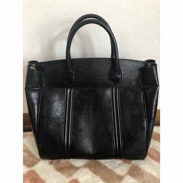 【美品】YSL/イヴ・サンローランロゴ刻印リザード型押しレザーハンドバッグ