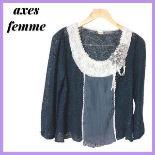 アクシーズファム(axes femme)のaxes femme　アクシーズファム　黒 薄手のニット　胸元 レース　M(ニット/セーター)