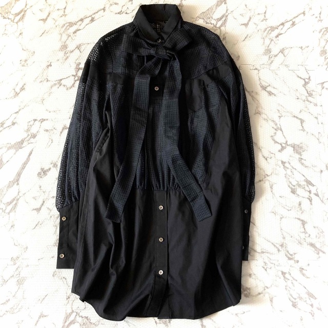 定期入れの 極美品 サカイ 異素材切替えボウタイチュニックシャツ